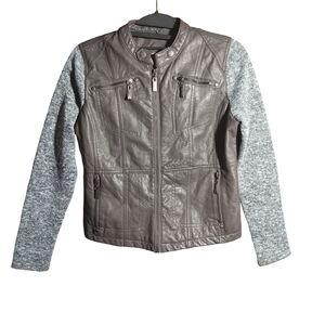 JOU JOU Gray Faux Leather Bomber Jacket with Heathered Knit Sweater Sleeves Sz L